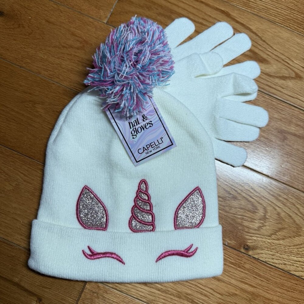 NWT Capelli New York Unicorn Knit Hat & Gloves Set Ivory Pink M/L - Picture 2 of 5